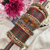 Vriksham Pink Green With Red Lotus & Kundan Style Silk Thread Bangle Set-G19884